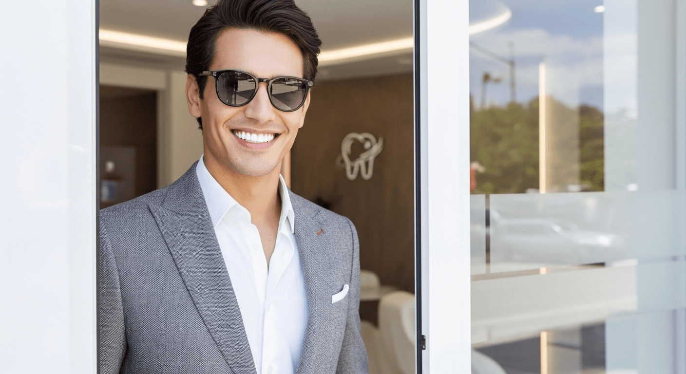 Güneş gözlüklü, gri ceketli, beyaz ve estetik dişleriyle gülümseyen mutlu hasta veya müşteri.