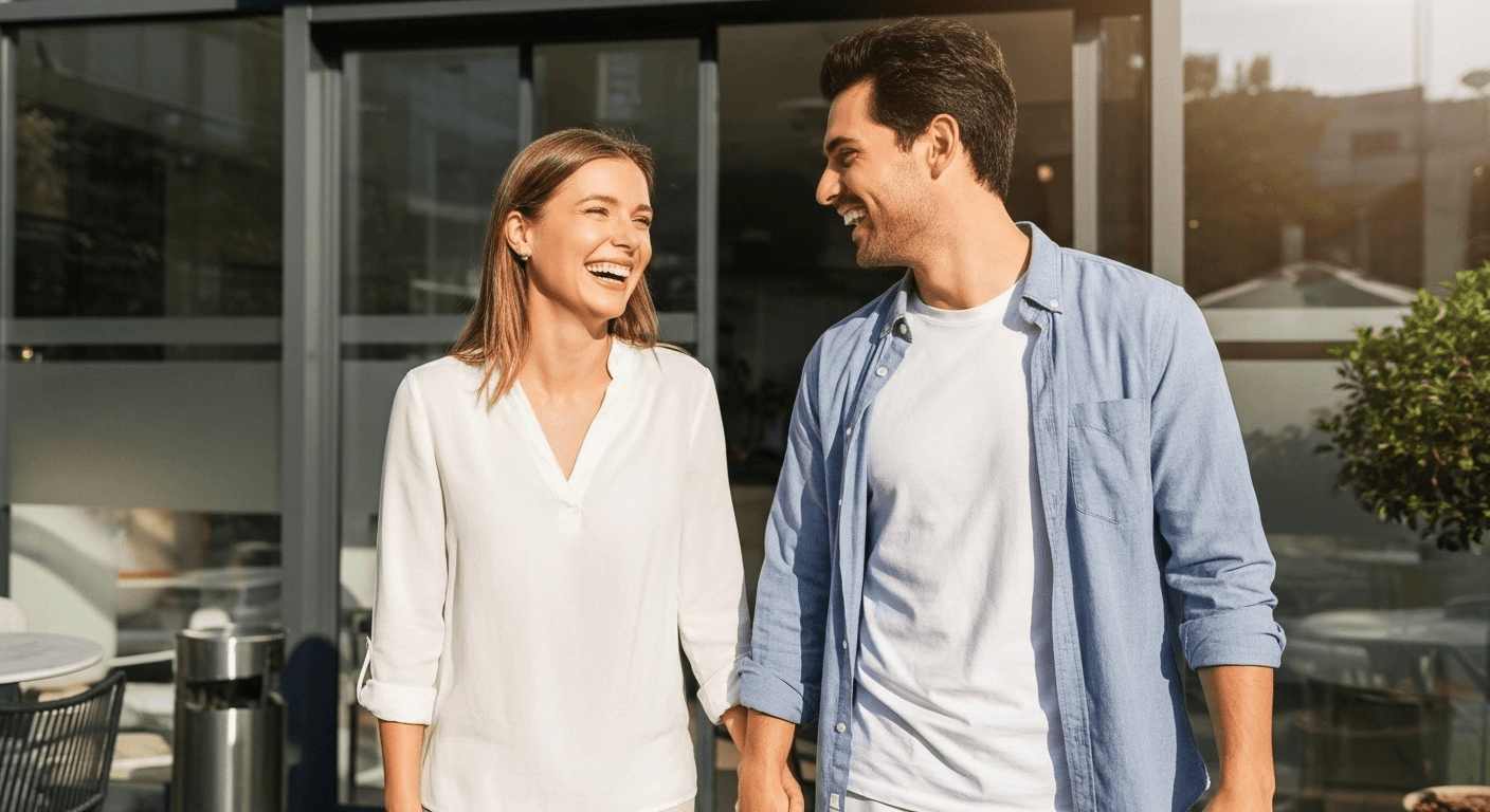 Dışarıda parlak güneşte yürüyen ve neşeyle gülen genç mutlu çift.