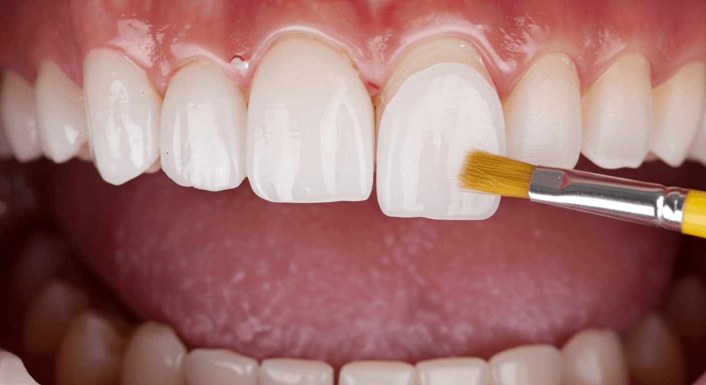 Estetik beyaz dişlere veneer veya bonding uygulaması yapılırken fırça detayı.