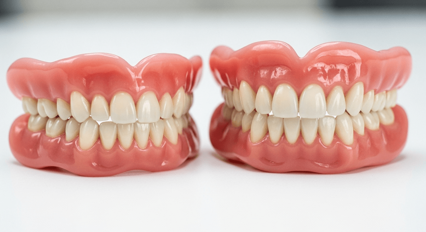 Beyaz arka planda yan yana duran iki set tam diş protezi (takma diş).