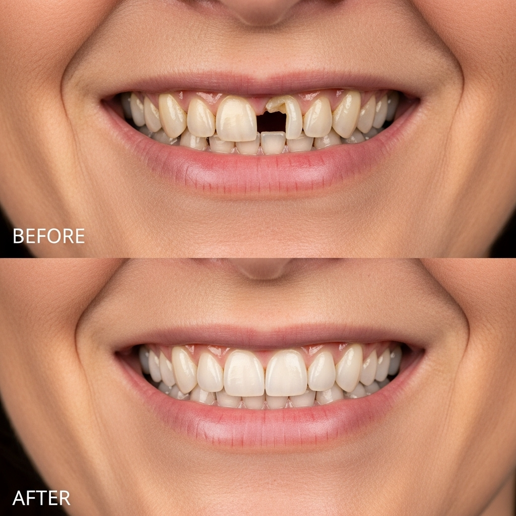 Kırık ön diş lamina öncesi sonrası gülüş